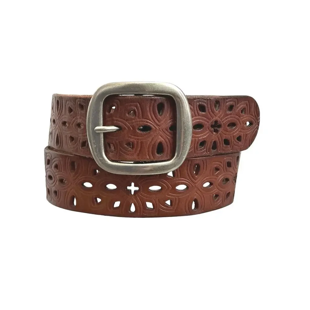 Fossil Western Floral Geometric Embossed Laser Cut Brown Leather Belt Size M